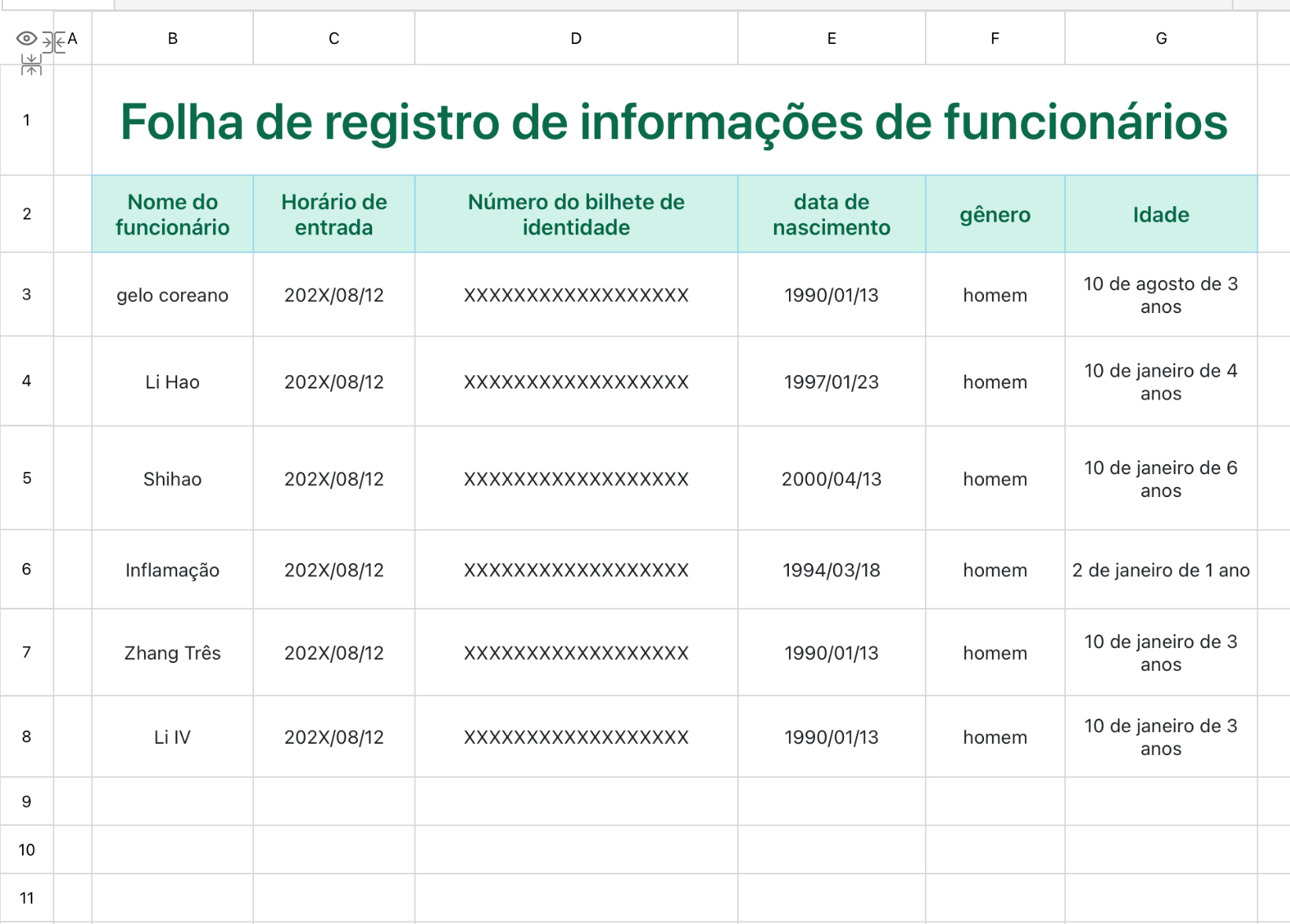 Folha de registro de informações de funcionários